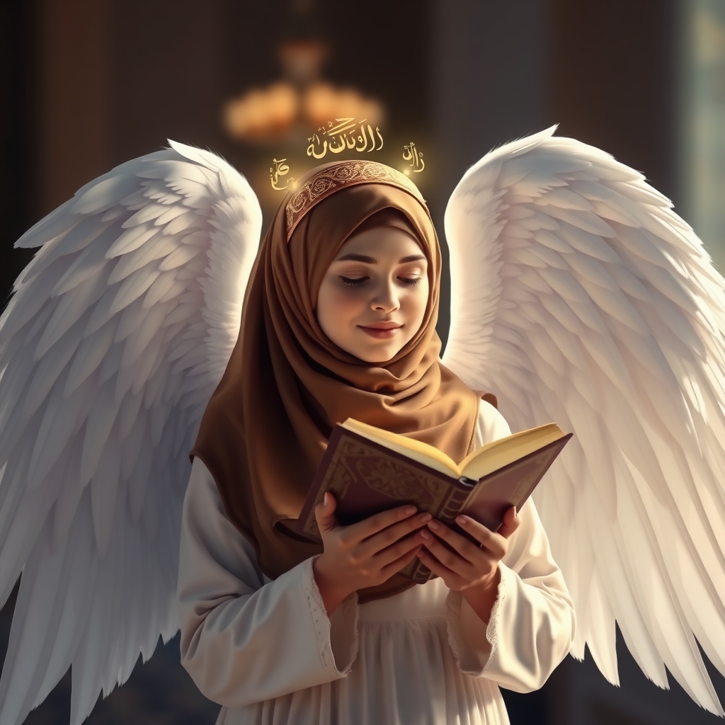 یک خانم ۲۰ ساله با حجاب زیبا در شب با لباس سفید بلند و بال های سفید بلند که قرآن روی سرشه ودستش روی قرآنه در شب قدر17
