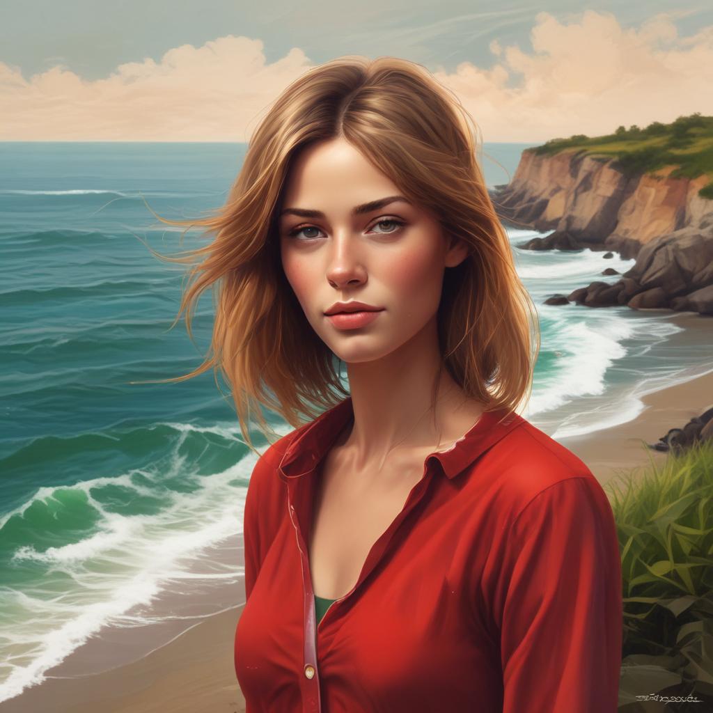 تصویر دختری با موهای قهوه ای کمرنگ چشمان سبزعسلی در کنار دریا با پیراهنی قرمز و زیبا با پوستی سفید16