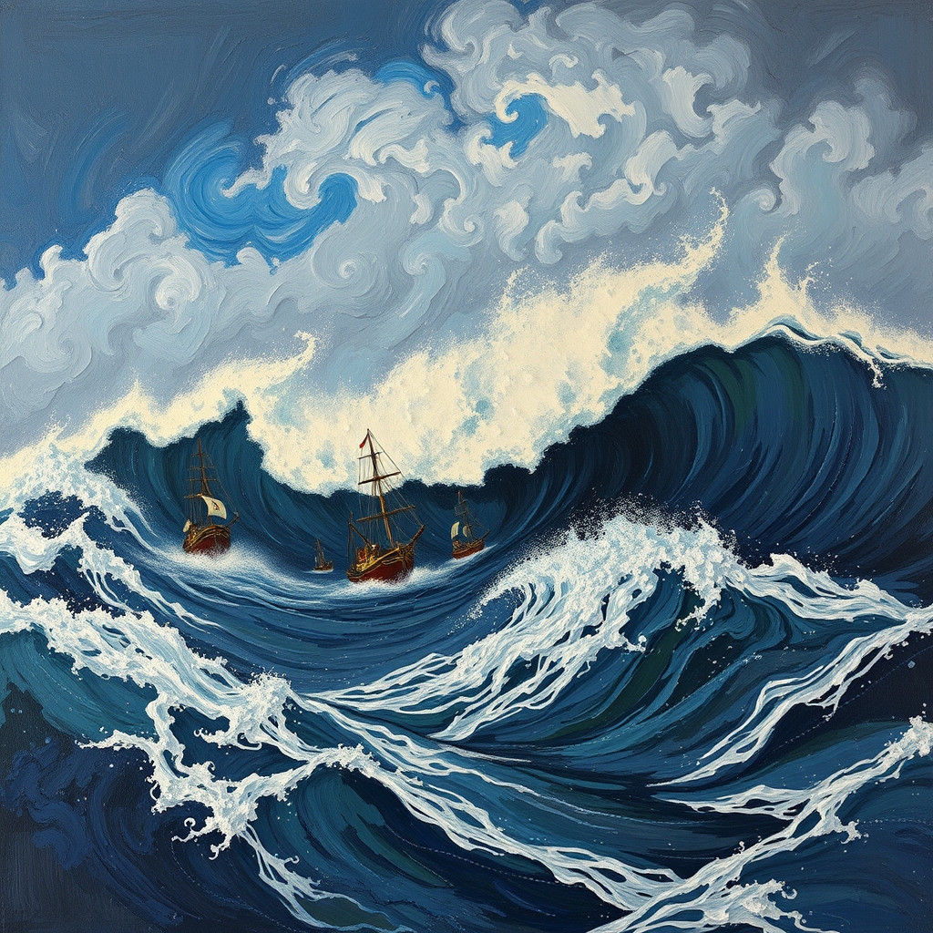 کشتی هایی که در  اقیانوسی گرفتار سونامی شده اند به سبک ونکوگ3