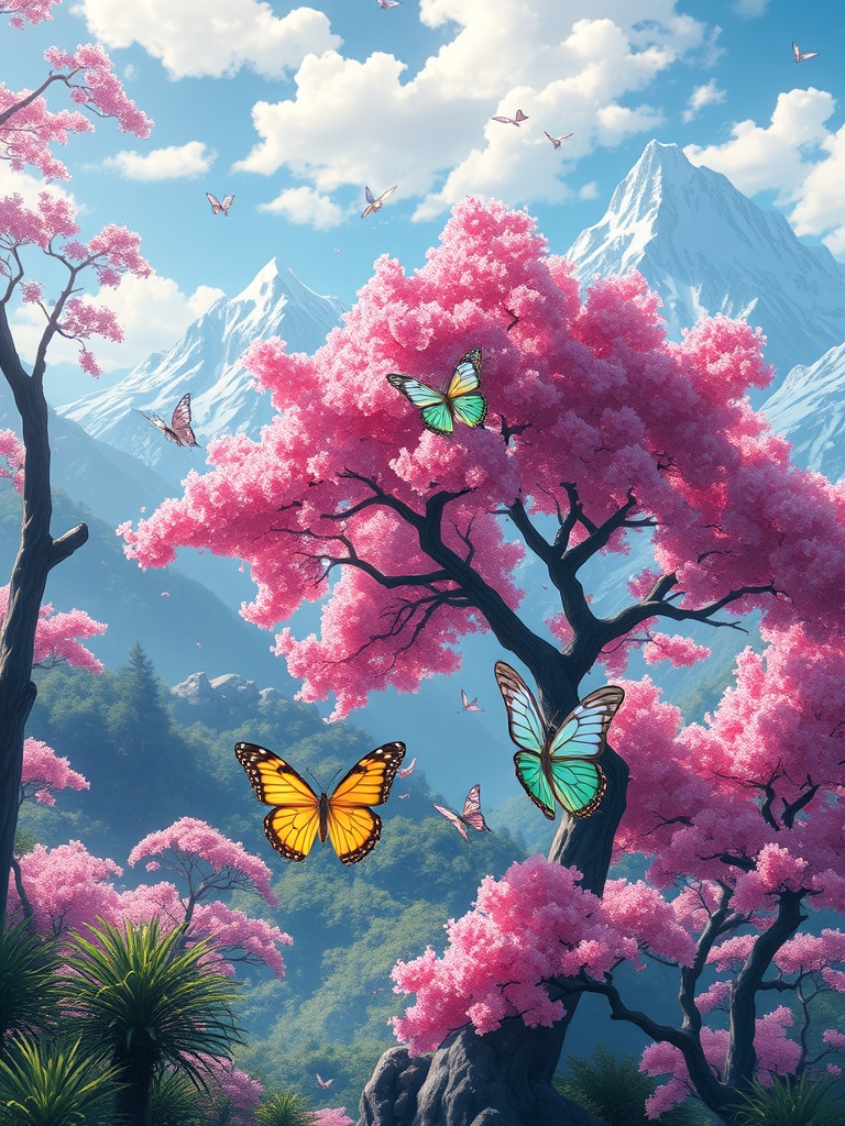 یک طبیعت زیبا با درختان بلند و گل های زیبایی به رنگ صورتی و پروانه های خوش رنگ و کوه های بزرگ
با کیفیت و نورپردازی عالی13