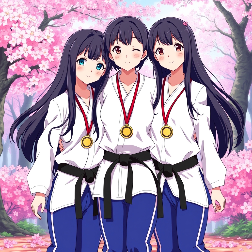 سه قلوهای تکواندوکار ، ستین و سوین و سلین سه خواهر سه‌قلو و شبیه هم هستند و تکواندو کار هستند و هر سه پیراهن سفید تکواندو پوشیده اند و هر سه تاشون شلوار آبی پوشیده اند و کمربند مشکی دارند و موهای بسیار بلند و مشکی‌ دارند و لبخند ملایمی بر لب‌های سرخ‌شان دارند و مدال طلا بر گردن آنهاست و پشت سر آنها جنگلی پر از شکوفه های صورتی است6