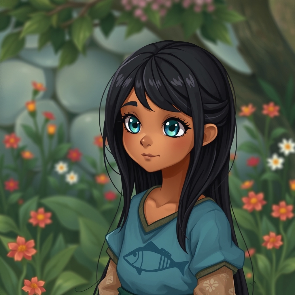 دختری با پوست گندمی و چشم های  به رنگ دریا و موهای بلند مشکی رنگش با لباس ابی مح الوده مدل ماهی در باغ با بونه
منتظر یارش که برای او گل بیاورد1