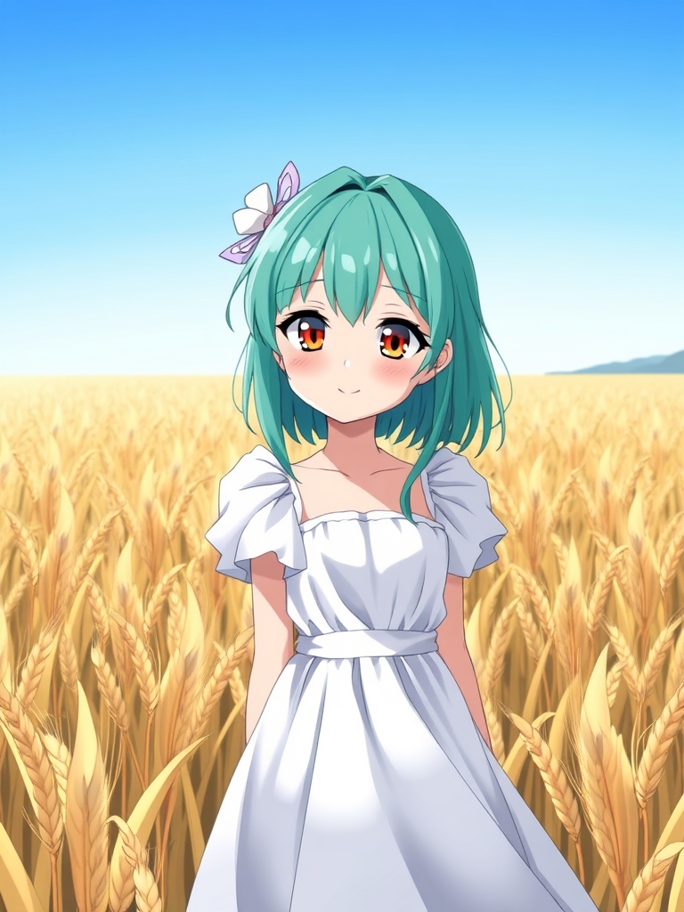 یک دختر  بچه با مو های فیروزه ای که در وسط باغ گندم است با لباس سفید قشنگ و زیبا  با لب های قرمز و چشم های قهوهای روشن و آسمان آبی است و دارد به دوربین لبخند میزند15