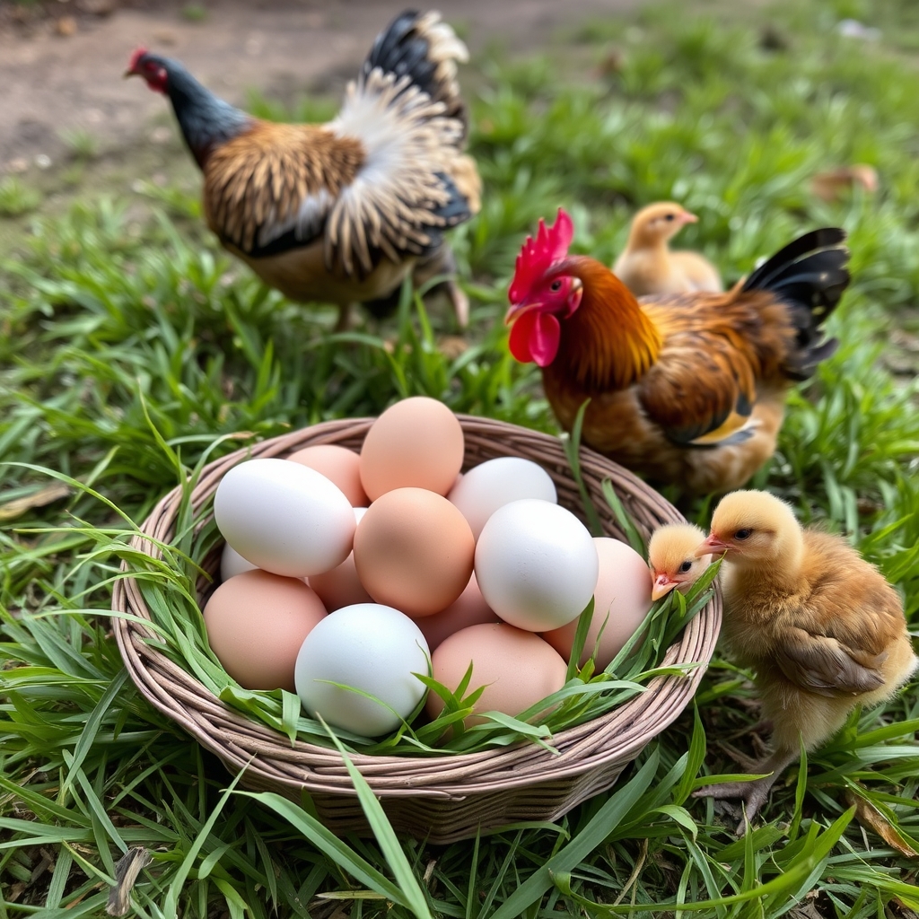 چند تا تخم مرغ تویه سبد کنفی روی سبزه ها روی زمین و کنارش مرغ و خروس و جوجه 12