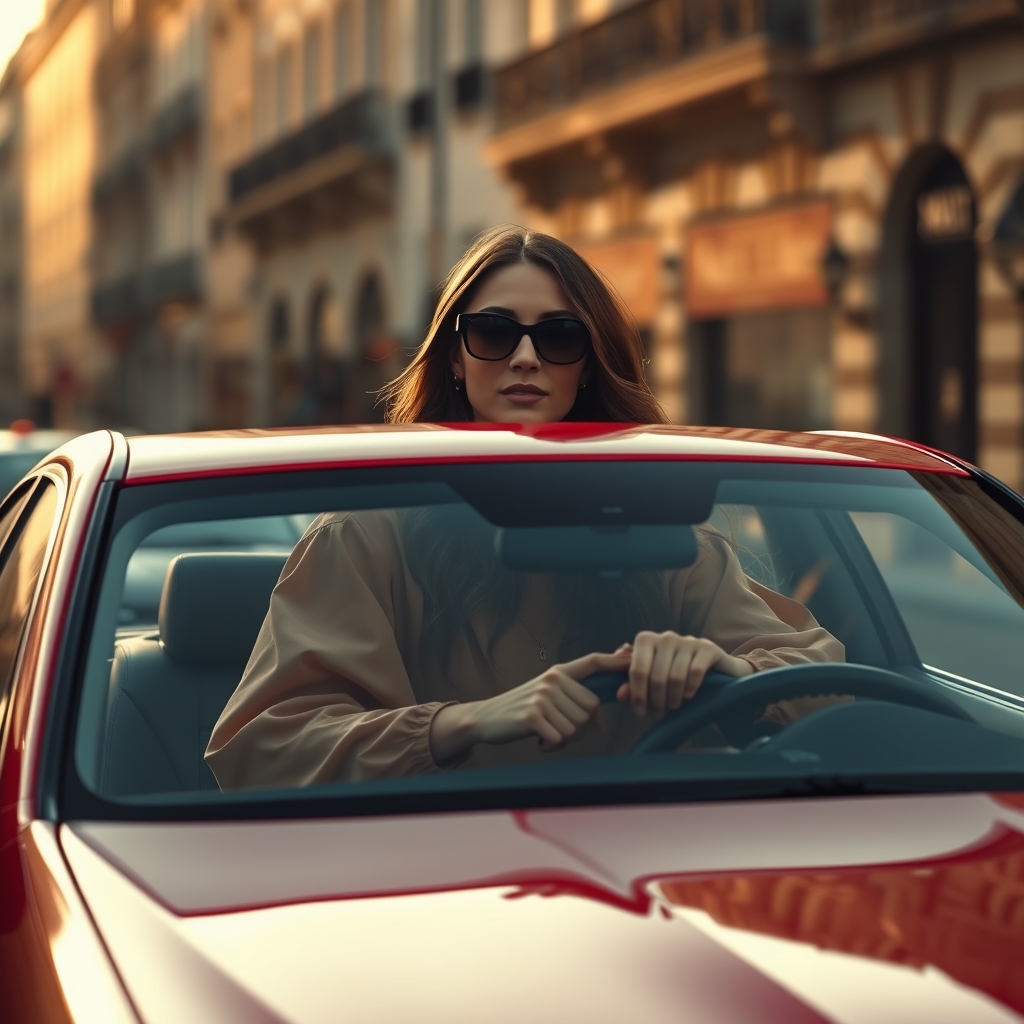 عکس یک ماشین بنز قرمز که سر نشین آن یک زن است با عینک آفتابی مو های بلند قهوی در حال رانندگی در خیابان های پاریس20
