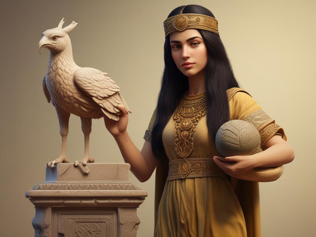 دختر هخامنشی که یک کتیبه سنگی در دست دارد و سیمرغ آتشین بالای سرش است5