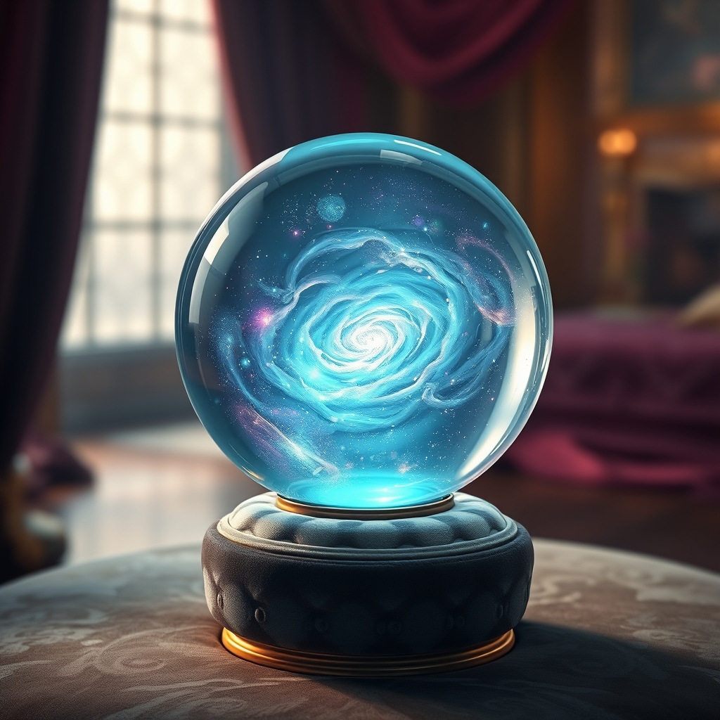 یک کره شیشه‌ای پر از کهکشان‌های چرخان، قرارگرفته روی پایه‌ای مخملی.9