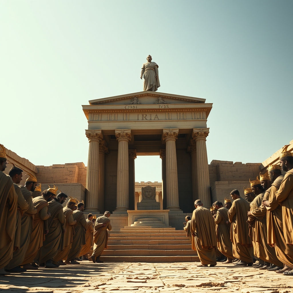 آرامگاه کوروش که بغلش تمام شاه های ایران ایستاده اند و دارند تعضیم میکننند وکورش بالای آرامگاه خود ایستاده است..
2