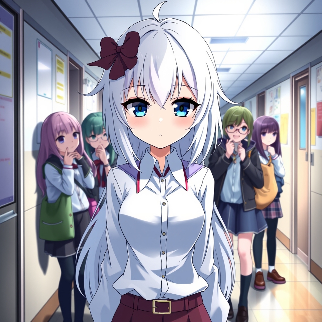 دختری زیبا اما مرموز که همه از او می ترسند موهای او سفید و چشمانش آبی است و پشت سر او چند دختر و پسر درحال پچ پچ هستند23