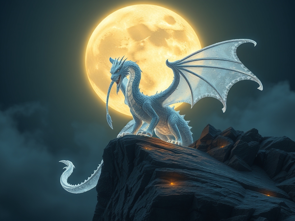 یک اژدهای کریستالی درخشان نشسته روی صخره‌ای زیر نور ماه کامل.13