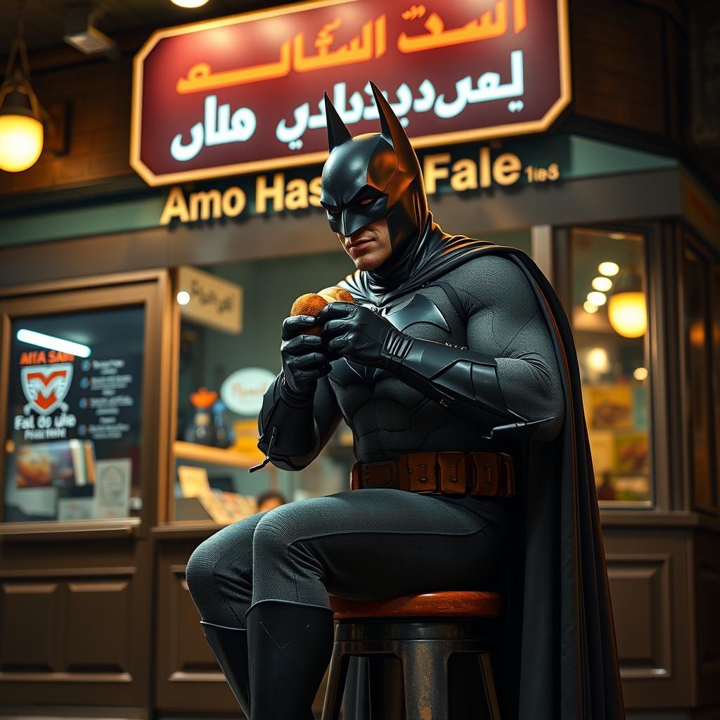 عکس بتمن که جلوی فلافلی نشسته و روی تابلو مغازه به فارسی نوشته فلافل عمو حسن و فلافلی که لای نون ساندویجی هست تو دهن بتمن باشه و درحال خردنش باشه4