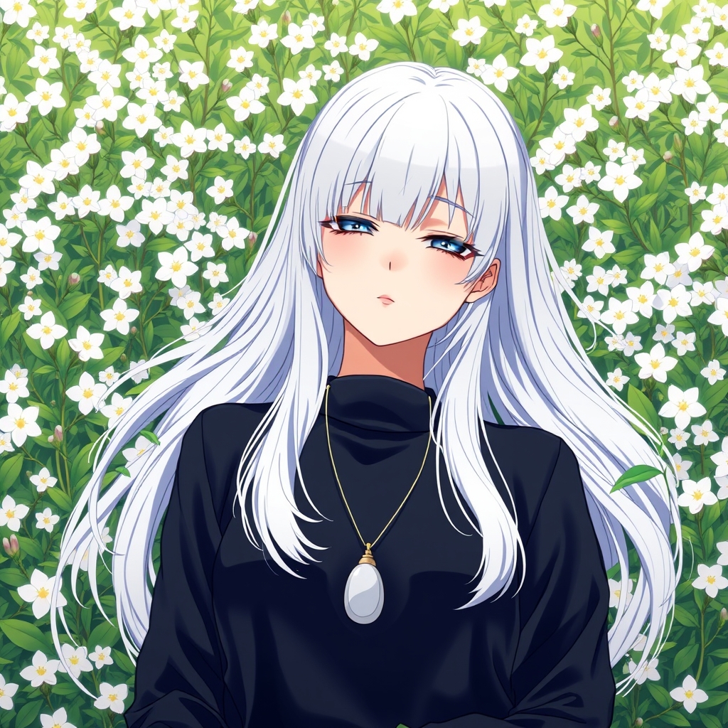 انیمه دختر کره ای. جدی و قد بلند چشم آبی درخشان. موهای سفید بلند و تیشرت سیاه یک گردنبند سفید در گردنش روی جایی پر از گل های یاس خوابیده3