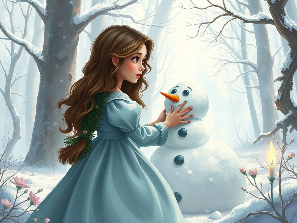 دختری 8ساله با لباس آبی پرنسسی و پف دار و آستین پفی و موهای طلایی متوسط در جنگل یخی دارد با دختری 17 ساله خیلی زیبا و خوشگل با پوست سفید و لب های قرمز جذاب و براق و پیراهن آبی پرنسسی و موهای مشکی و فر وبسیار و خیلی بلند و کفش های شیشه ای در فضای رویایی هستند دارند آدم برفی درست میکنند12