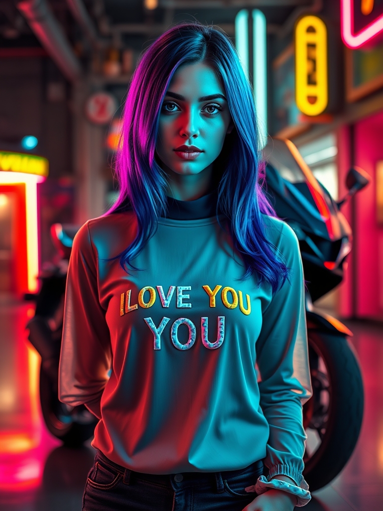 دختری ترکیه ای که مو های بلندی دارد که بالای مو های آن آبی و پایین موهایش بنفش است و یک تیشرت سرمه ای پوشیده که روز آن نوشته  ᴵ,ᴸᴼⱽᴱ  ʸᵒᵒ و این نوشته به رنگ سفید و زرد است و دور گردنش هتفنی به رنگ توسط است و ناخن های آن کمی بلند و به رنگ کهکشان است و پشت این دختر موتر سیکلتی مشکی و خفن است18