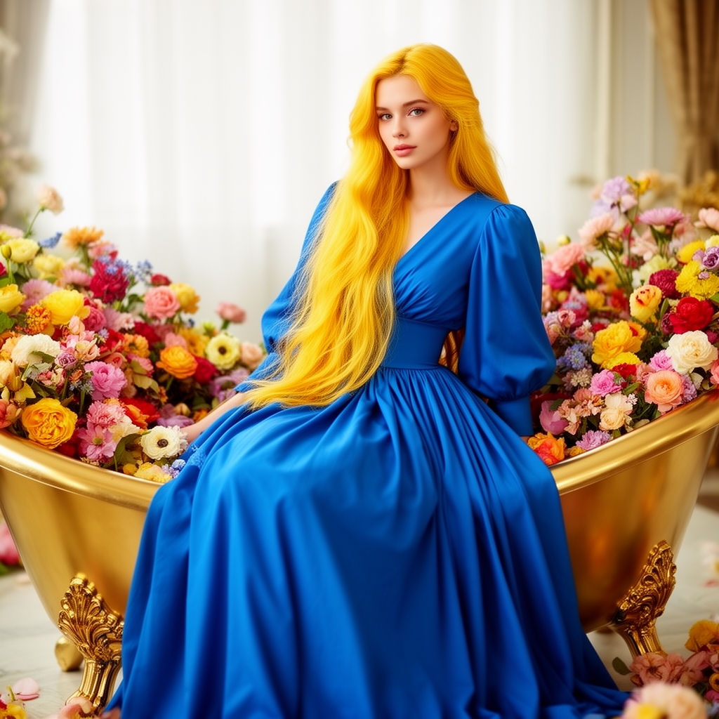 دختری ۱۹ساله خیلی خیلی زیبا بالباس آبی بلند پفدار زیبا موهای بلند طلایی روشن در روی تاب طلایی پر ازگل 1