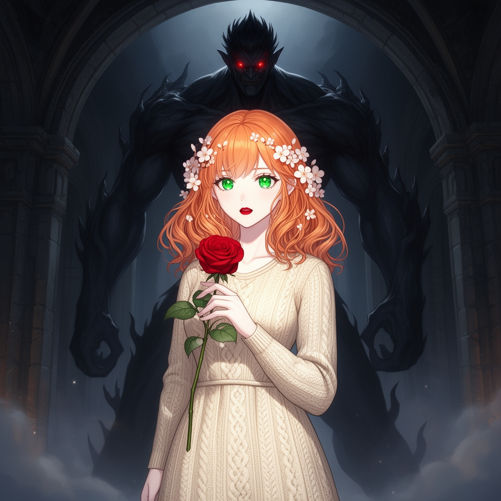 زیباترین زن جوان در جهان حتی در رویایی که شکوه خدا را داشته باشد که نظیر آن در دنیا نباشد و همه به او از شدت زیبایی به او سجده کند که با موهای نارنجی حالتدار نه چندان بلند و نه چندان کوتاه و با چشمان سبز کریستالی و با لبانی سرخ به رنگ یاقوت و با پوستی سفید به رنگ برف که با لباس بافتنی کرمی رنگ زیبایی باشد که لای موهایش شکوفه زیبایی باشد و در دستش گل رز قرمزی باشه و پشت سرش تالار تاریک و اسرارآمیز و پشت سرش مردهیولای مانندی با چشمانی سرخ و و با موهای مشکی رنگ با قامتی بلند0