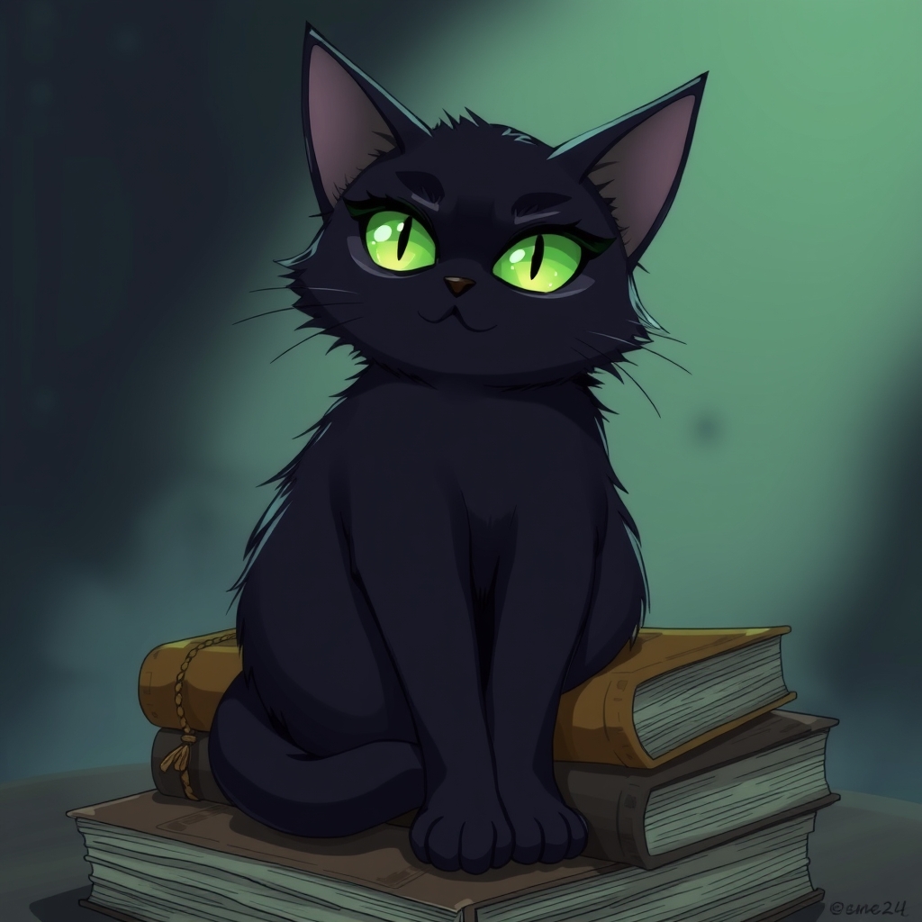 یک گربه سیاه مرموز با چشمان سبز درخشان، نشسته روی انبوهی از کتاب‌های قدیمی.0