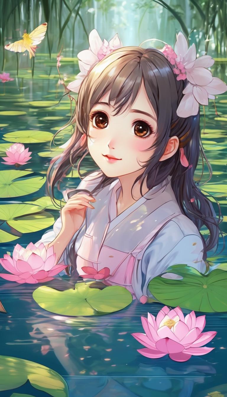 یک دختر با بال های رنگی و قشنگ
و صورتش هم زیبا باشه و لب هاش قرمز باشه و مژه هاش کمی بلند باشه و خودش هم به بالا پرواز کنه به صورت ارامش بخش
با لبخندی ملیح در یک برکه نیلوفر با درختان بلند13