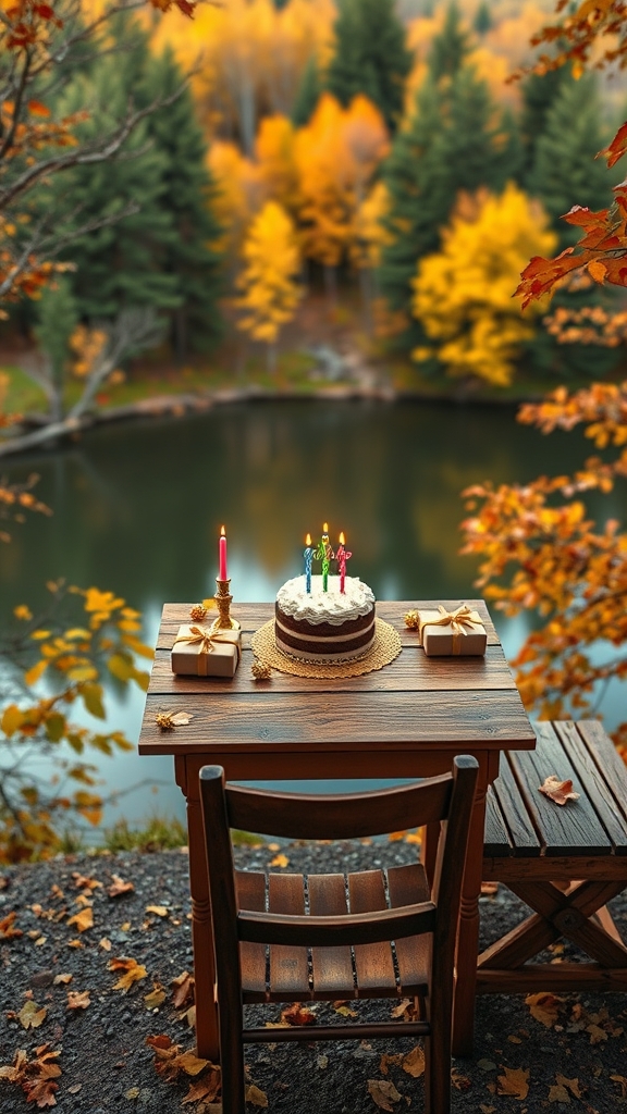 یه تصویر از یه میز و‌ صندلی چوبی کنار دریاچه وسط جنگل ، با درختای پاییزی ، روی میز هم یه کیک تولد و چندتا کادوی کوچیک و شمع هست . سبک چیدمان بوهو باشه ، تصویر از بالا گرفته شده باشه و‌فوکوس روی کیک تولد باشه . کیفیت تصویر بالا باشه و عکس خوش‌رنگ باشه0