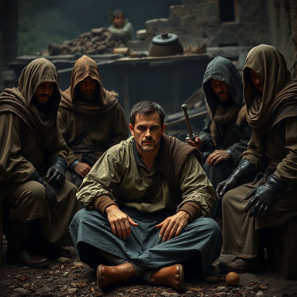 یک مرد نشسته است و در خطر مرگ غارتگران محاصره اش کرده اند منتظر یک ناجی در دوران قرون وسطا11
