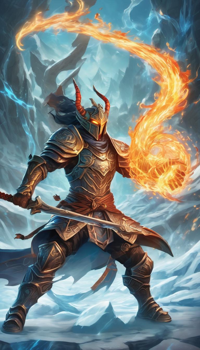 یه جنگجو با قدرت های جادویی که یک شمشیر آتشین در دست راست و یک شمشیر یخی در دست چپ دارد و دارد با یک شیطان می جنگد0