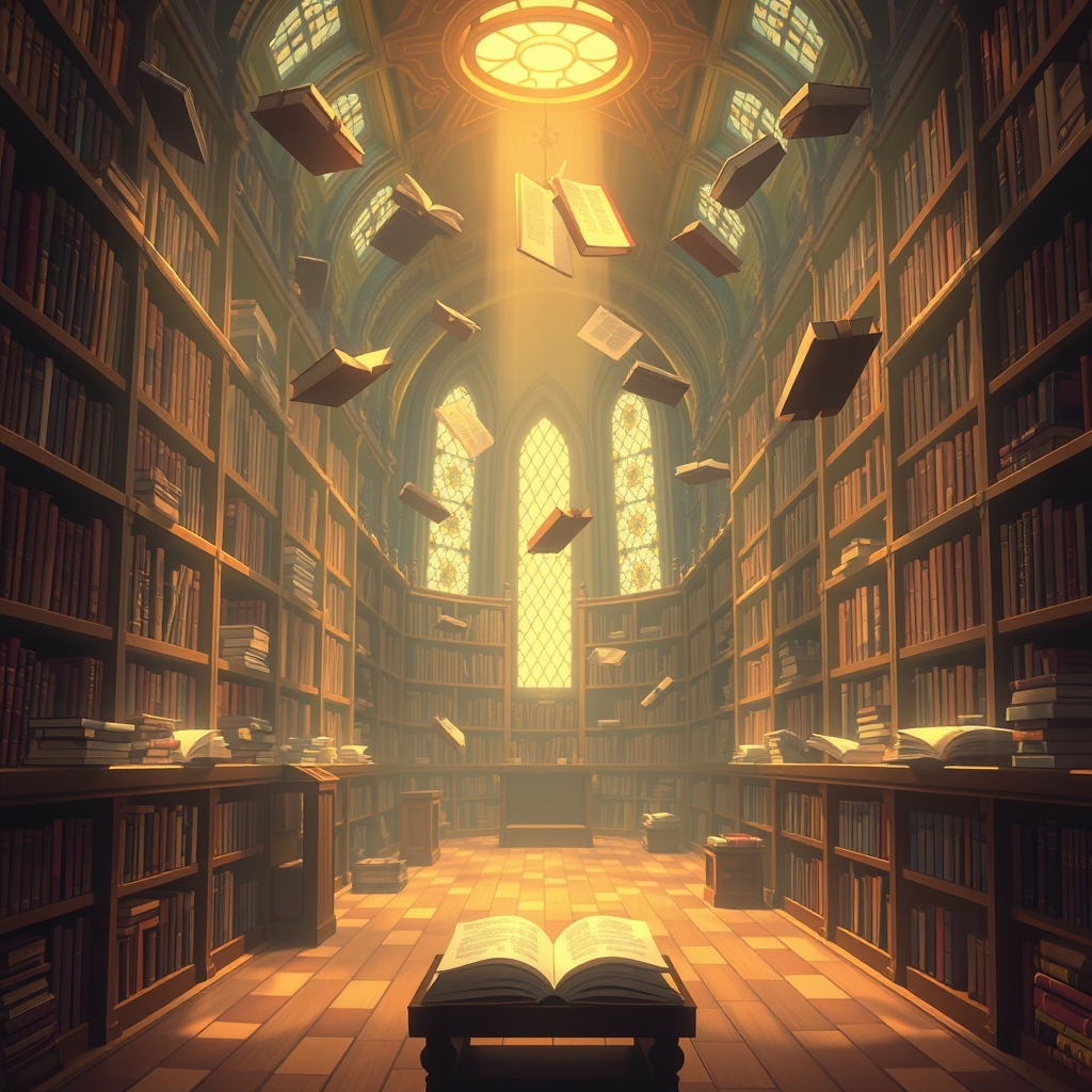 یک کتابخانه خیالی با کتابهایی شناور در هوا، روشنشده با نور طلایی.17