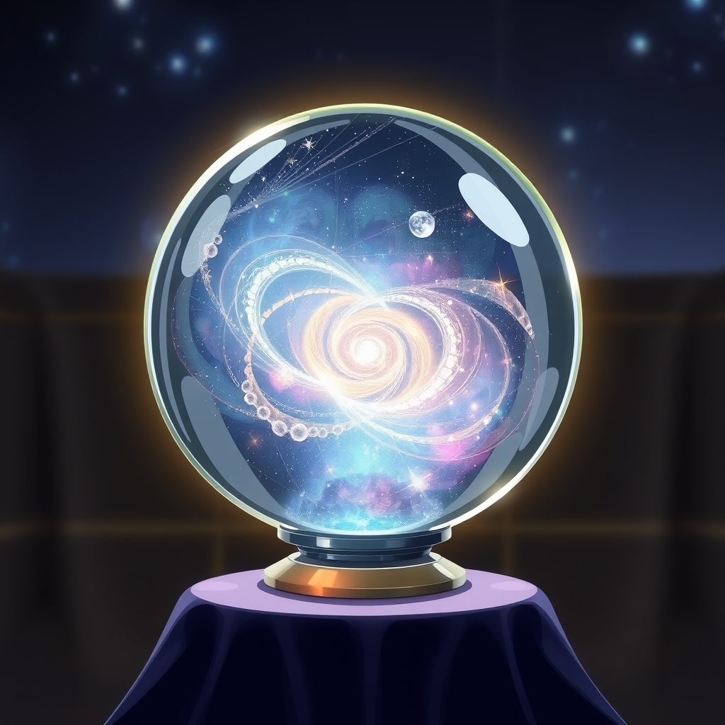 یک کره شیشه‌ای پر از کهکشان‌های چرخان، قرارگرفته روی پایه‌ای مخملی.4