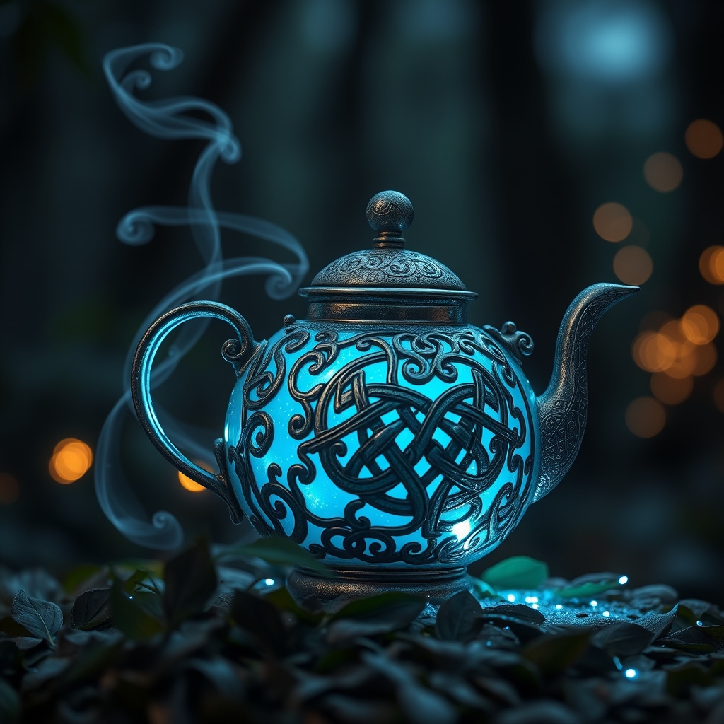 یک قوری جادویی که مایع آبی درخشان میریزد، احاطه شده توسط برگهای شناور چای.23