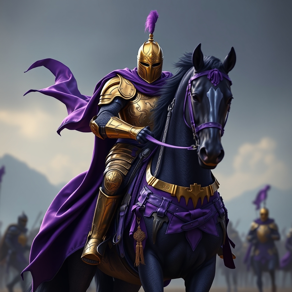 شمشیرزن زره طلایی بنفش شنل بنفش کلاه خود بنفش و اسب بنفش با زره مخصوص اسب بنفش7