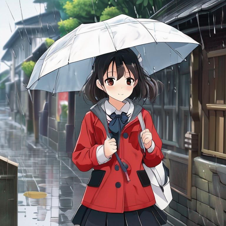 عکس یک دختر جوان ۱۲ ساله در حال آمدن از مدرسه در روز بارانی با کت قرمز و دورس سفید و شلوار مشکی 9