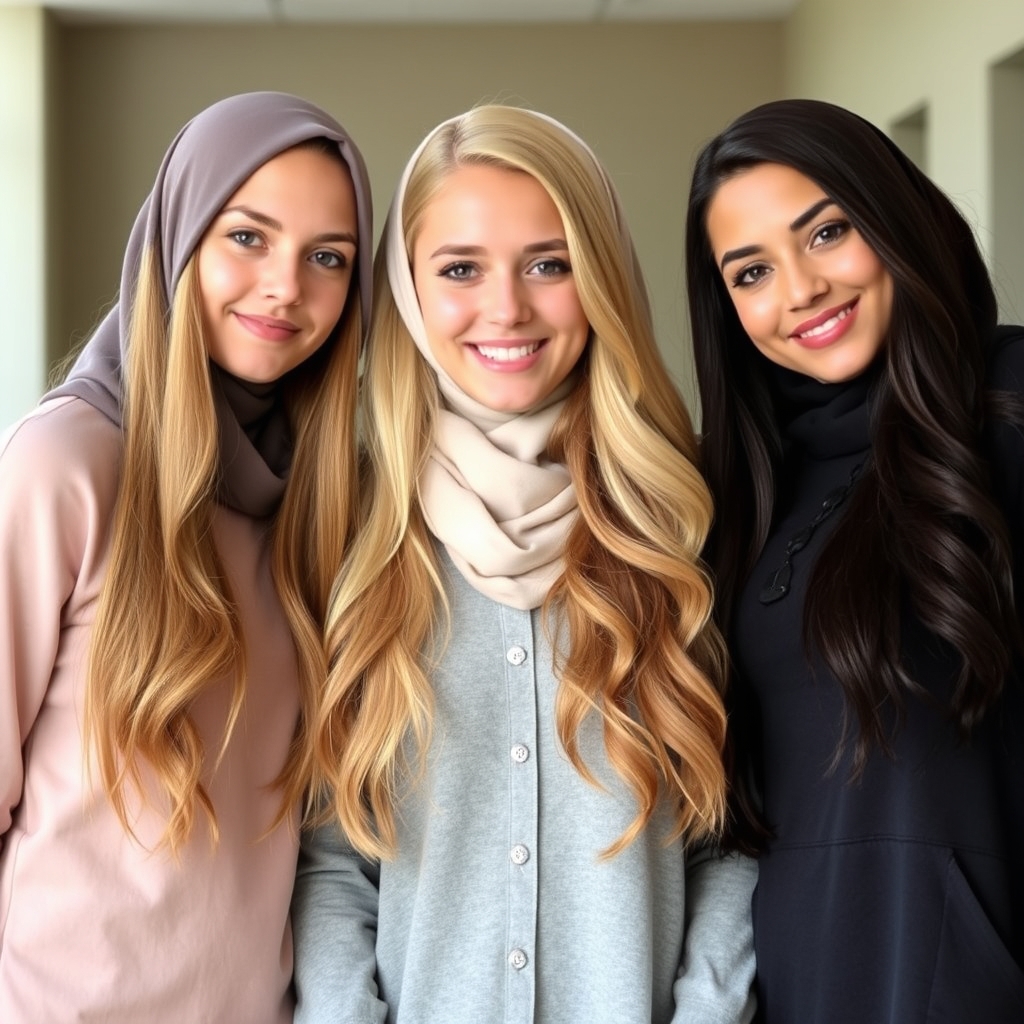 سه دختر زیبا کنار هم یکی مو طلایی
یکی موخرمایی
یکی مومشکی
مو طلایی وسط باشد
همه موهای یافت داشته باشند8