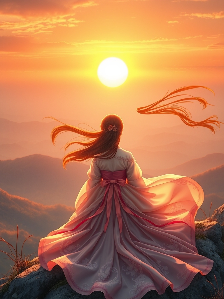 عکس دختر بسیار زیبا با موهای لخت قهوه ای که باد آنها را تکان می دهد و لباس بسیار زیبای سنتی و ملکه ای کره بر تن دارد و پشت به ما روی کوهی نشته و غروب آفتاب را تماشا می کند 8