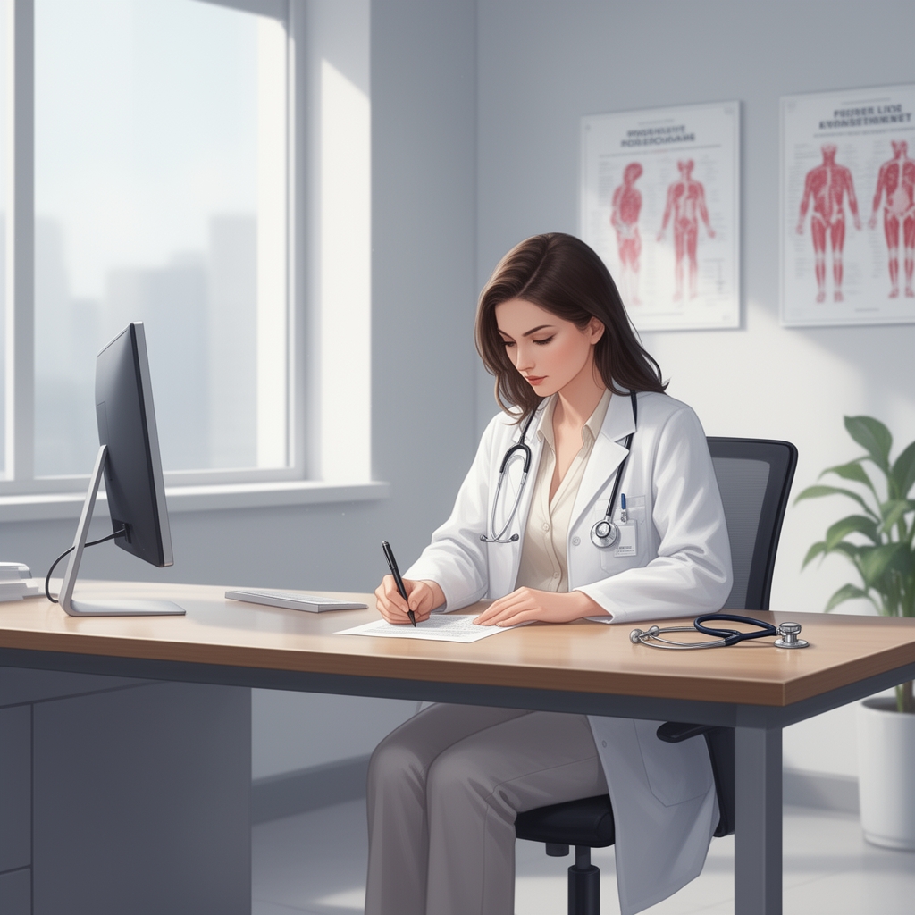 دختر دکتری که در مطب است و در حال یاداشت چیزی در برگه است 4