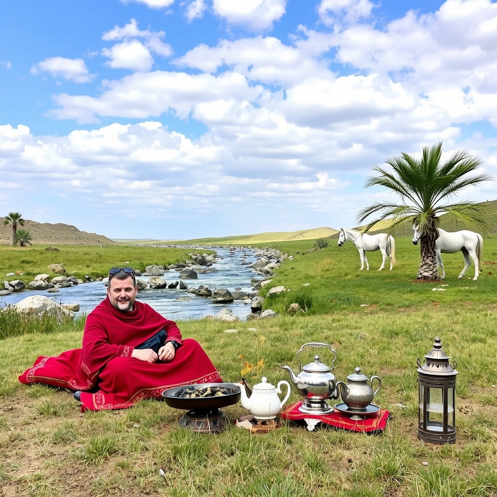 در فضای چمنزار و یک رودخانه سنگی بزرگ پراز اب صاف وسط چمنزار دو نفر نشستن زیر فرش عربی قرمز و تکیه دادن به پشتی قرمز عربی  و یک منقل اتیش جلوشون که زغال روشن داره کنار زغال قوری سفید رنگ و کنار قوری دله قهوه عربی  و سمت راست رودخانه اسب سفید بسته شده به درخت خرما  وسمت چپ رودخانه اسب قرمزی بسته شده به درخت کنار هندی  و اسمون ابی روشن خیلی و ابرهای زیاد سفید رنگ 14