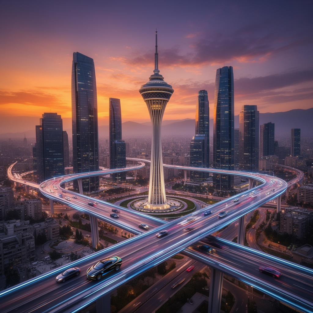 منظره‌ای از شهر تهران در آینده دور، برج میلاد در میان ساختمان‌های شیشه‌ای بلند، اتوبان‌های هوایی، غروب آفتاب نارنجی و بنفش.3