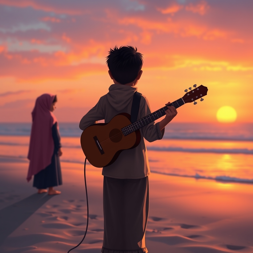 اهورا اواز خوان انمیشنی  ای پسر با گیتار لب دریا در حال غروب که  پشت به عکس که دختر گوش می دهد11