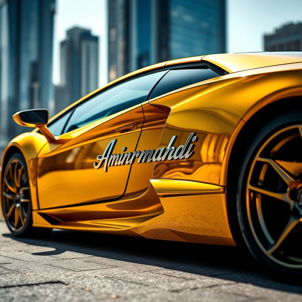 یک ماشین لامبرگینی خیلی خفن طلایی که روش نوشته Amirmahdi10