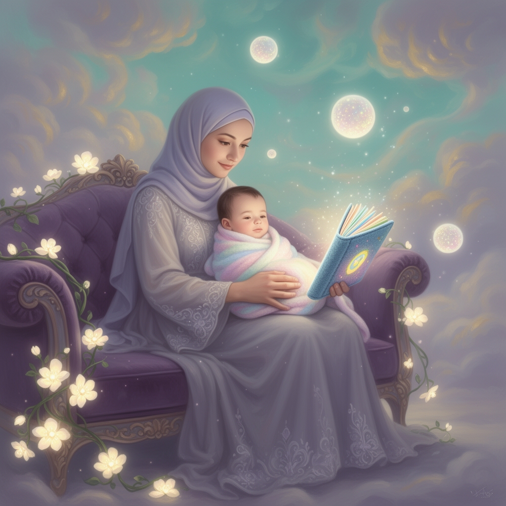 مادری محجبه برای نوزاد پسر سه ماهه اش روی مبل کتاب پارچه ای حمام می خواند1