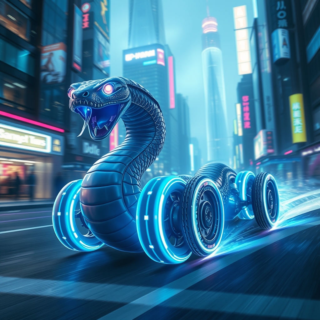 یک مار آیندهنگر با چرخهای هولوگرافیک، در حال حرکت با سرعت در شهری با نورهای نئون.8