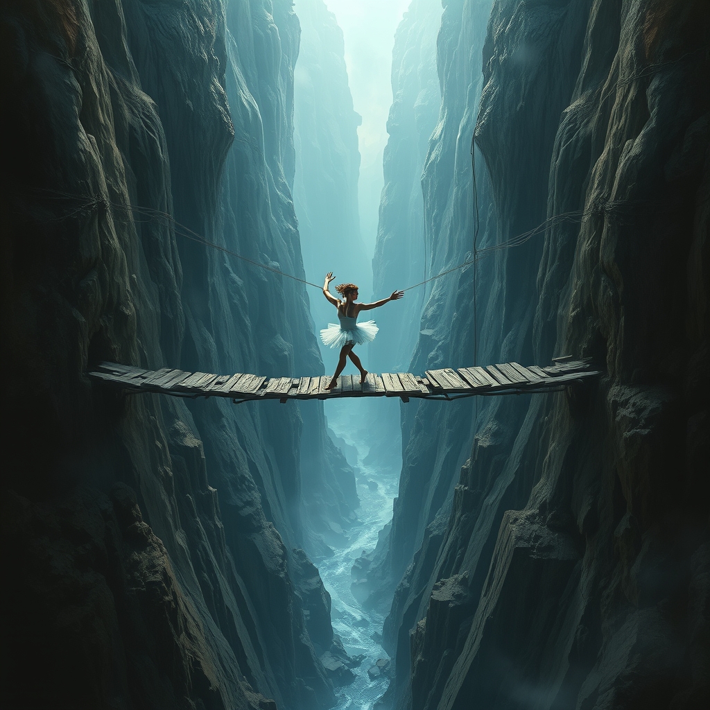 یه دره خیلی بزرگ وعمیق که پلی چوبی کهنه وخرابی دوطرف آن را به هم وصل کرده است ویک خانم که روی آن پل درحال رقص باله است وپل درحال ریزش است10