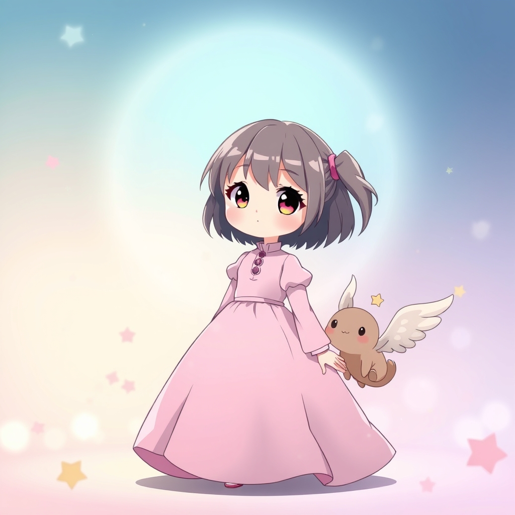 یک دختر با لباس های پرنسس با یک تکشان بالدار کیوت کنارهم پس زمینه کیوت 1