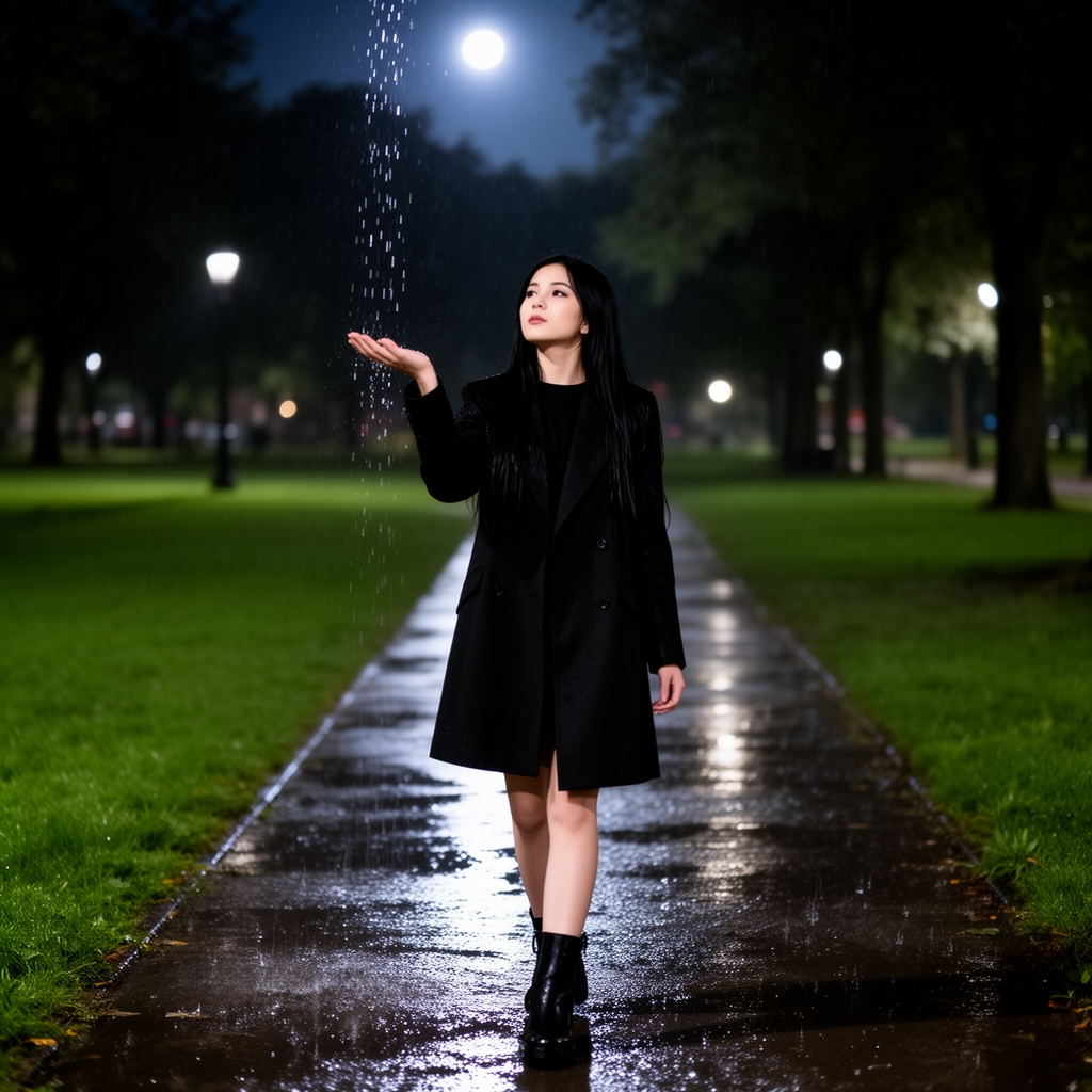 عکس یک دختر با موهای مشکی بلند و چشمان مشکی و زیبا با پوستی سفید و کاپشن مشکی و چکمه های مشکی که در پارک سرسبزی راه می رود شب است و باران می بارد و دختر یک دستش را زیر باران گرفته تا قطره های باران را حس کند4