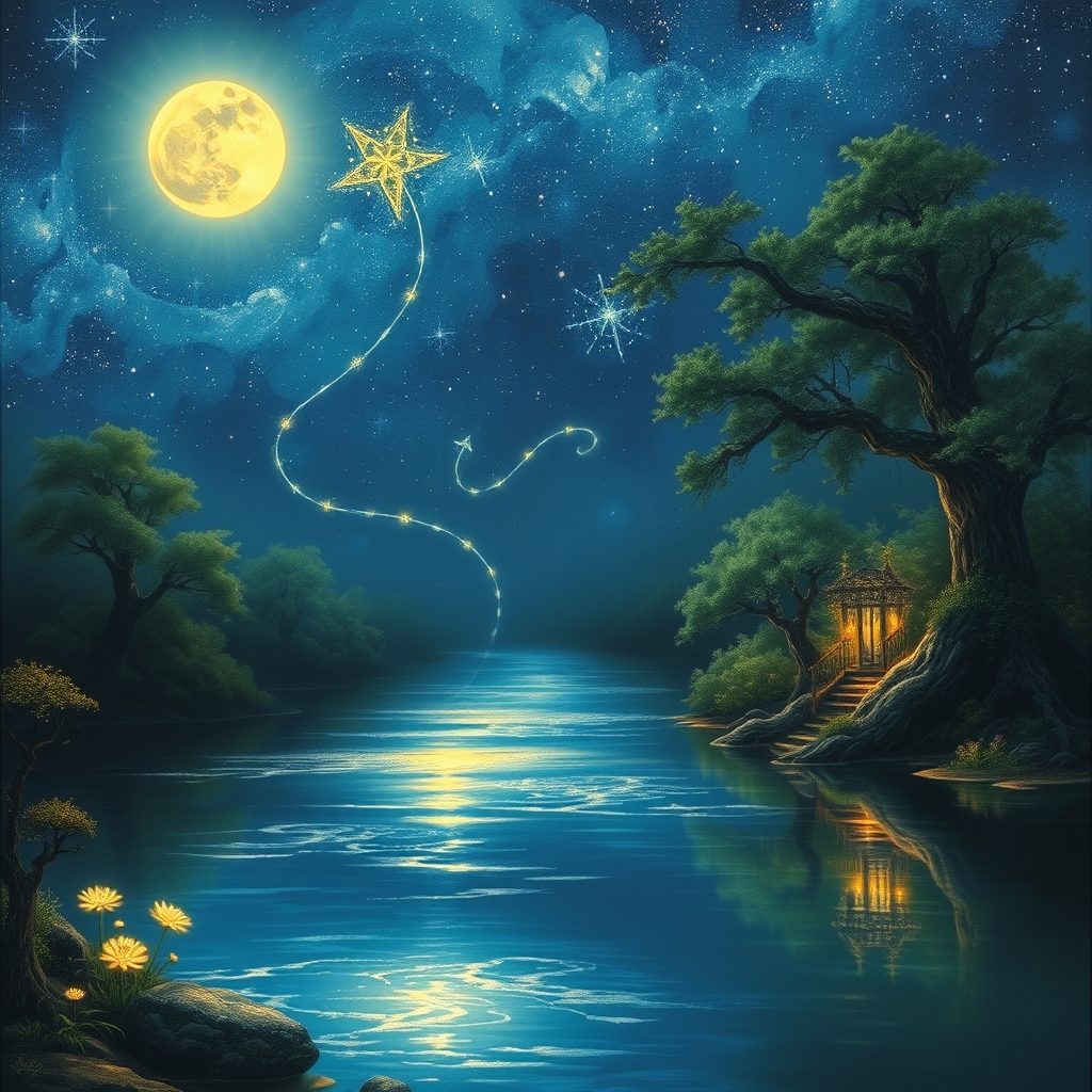 رودخانه ای که در اب نور ماه میدرخشد و اسمان پر ستاره 20
