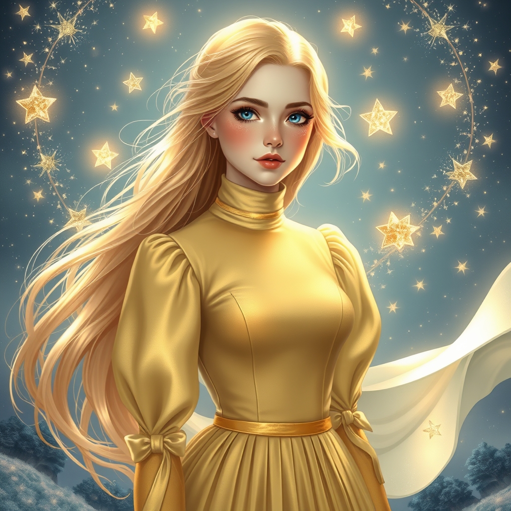 دختر جوان زیبا ی رویایی با موهای بلند حالت دار زرد براق درخشان مثل چراغ وچشم های که مردمک دریا و اقیانوسی باشد درونشپر از شگفتی و با پوستی سفید نامعلوم صوری سفیدتر از برف و سفید تر از قرص ماه با گونه قرمز لبی سرخ با لباس یا به رنگ طلایی مهر و دامنی پفی و پشتش بی نهایت از تور طور های سفید که نه به آبی ختم میشن لباس یا پفی زیبا که باشکوه جهانی دارد و دختر با چهره که همه را در گیر خود میکنه بر هوا معلق است. دختر سر در ستاره های درخشان دارد و گویی ستاره ها خویشان او هستند.4