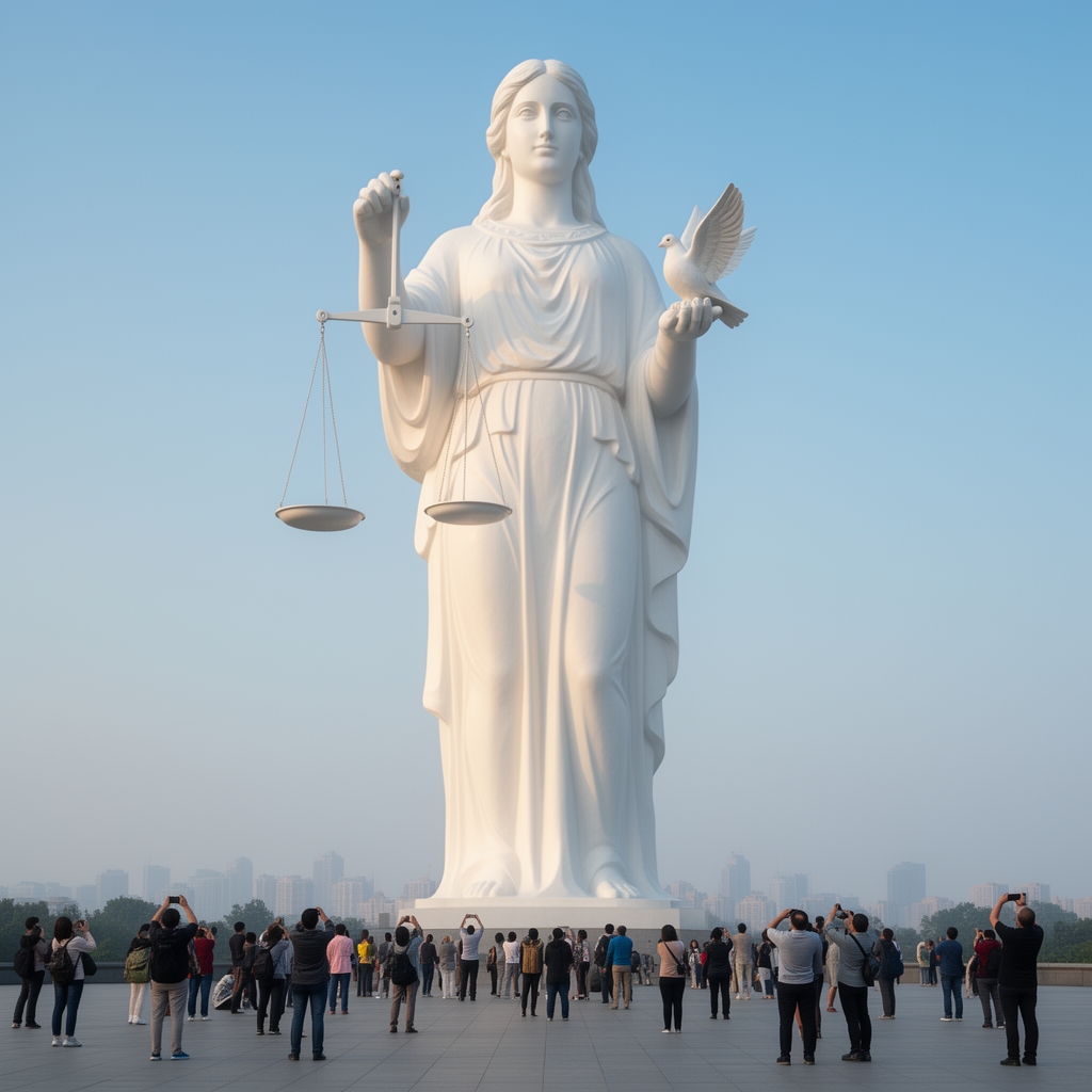 عکسی از یک مجسمه  ی زن که نماد عدالت و صلح را نشان دهد و رنگ آن سفید شیری باشد و مردم هم کنار آن عکس می گیرند مجسمه خیلییییییی بزرگ باشد و انسان ها کوچک 14