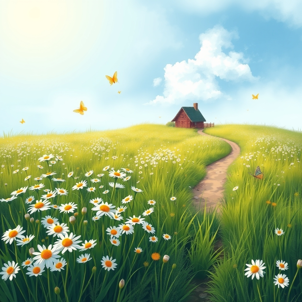 یک تصویر پس زمینه با طرح یک باغ که پر از گل های بابونه است و گل های بابونه بین علف های چمن زار سبز و آسمان آبی یخی و خورشید در آسمان و پروانه های زیبا در حال پرواز حالت خمیری و از دور یک کلبه چوبی با راه پر پیچ و خم خاکی دیده میشود 12