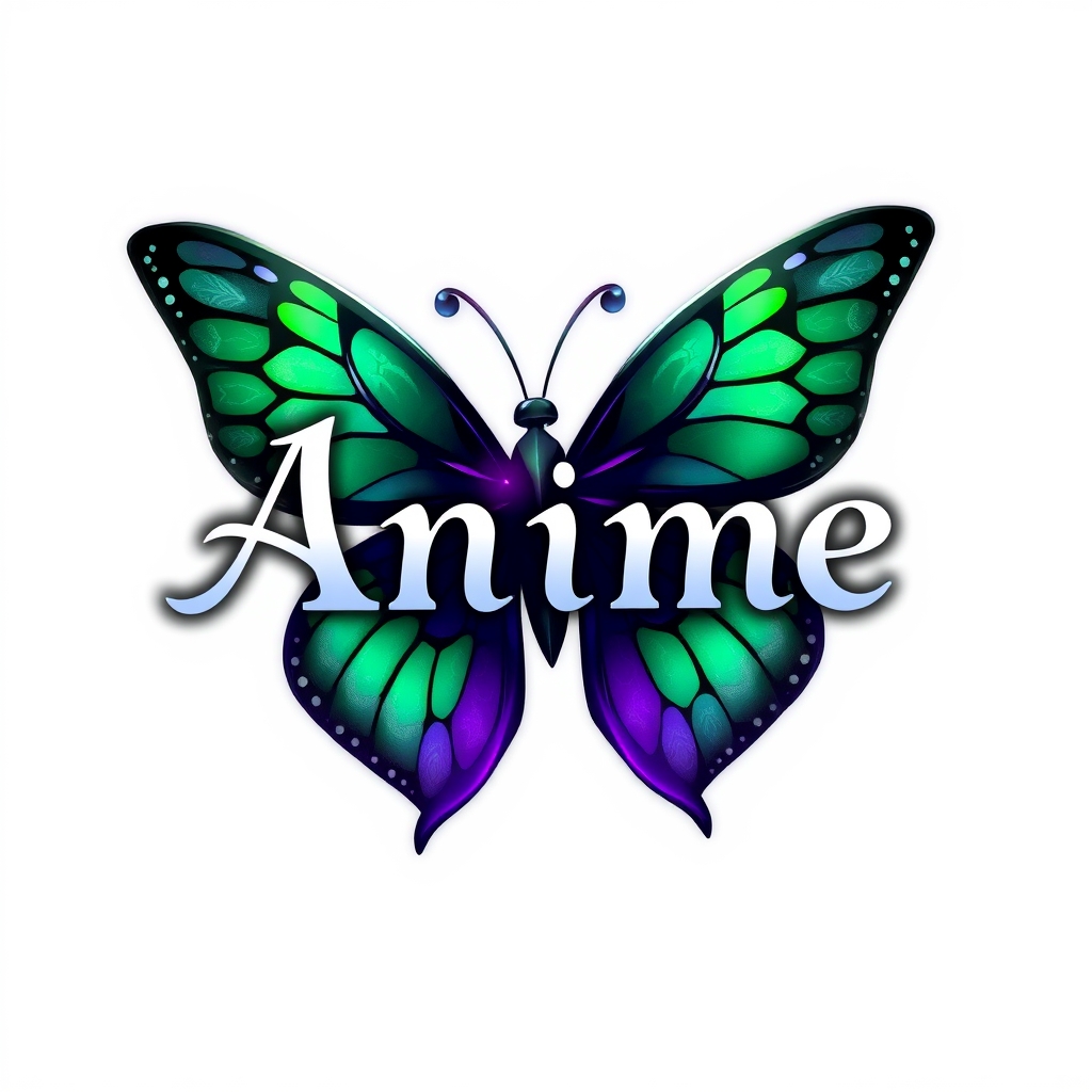لوگوی کلمه Animeبه شکل پروانه بارنگ های سبز و سیاه و بنفش 3