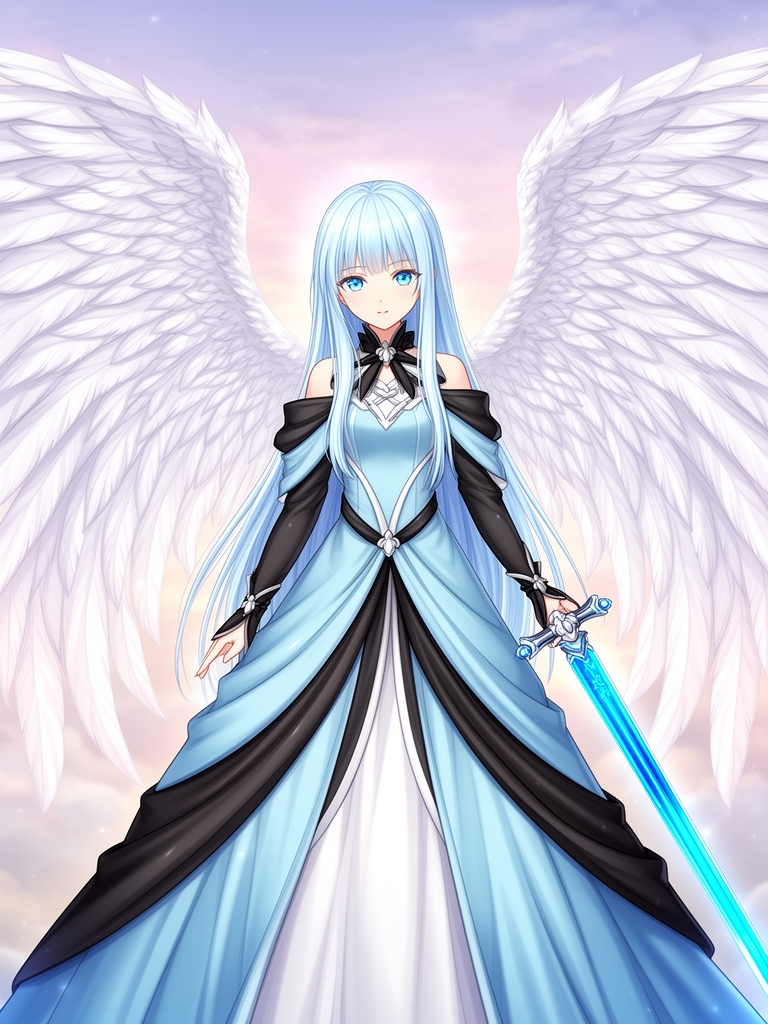 تصویری با کیفیت بالا از دختری بانمک ۳۰ ساله انیمه ای با صورتی معصوم با موهای آبی آسمانی کمرنگ بلند صاف که به آن نور تابیده شده و چشمان آبی آسمانی کمرنگ و لباس پرنسسی انیمه ای آبی آسمانی و مشکی و سفید بلند پوشیده است با بال های درنده و سفید زیبا خیلی بزرگ با کلی پر سفید و با شمشیری آبی ۳۰ 2