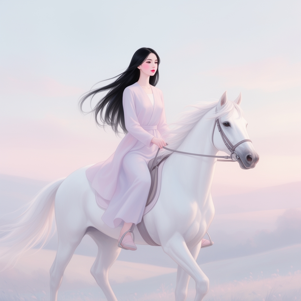 تصاویر سازی 
دختری که روی اسب سفید است 
دختره بزرگ و خوشگل باشد با موی بلند مشکی لب صورتی گونه های صورتی داشته باشد 


همه جا رنگ پاستیلی داشته باشد 0