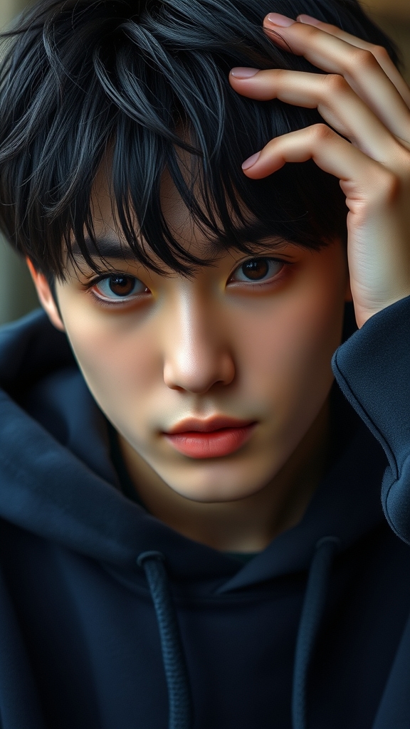 جیمین با موها ی سیاه و هودی به رنگ سورمه ای از بی تی اس و دستش روی سرش است0